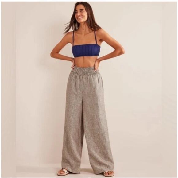 Boden Pants - NWT Boden Linen Shirred Waist Camel and Black Lurex Stripe Wide Leg Trousers 4